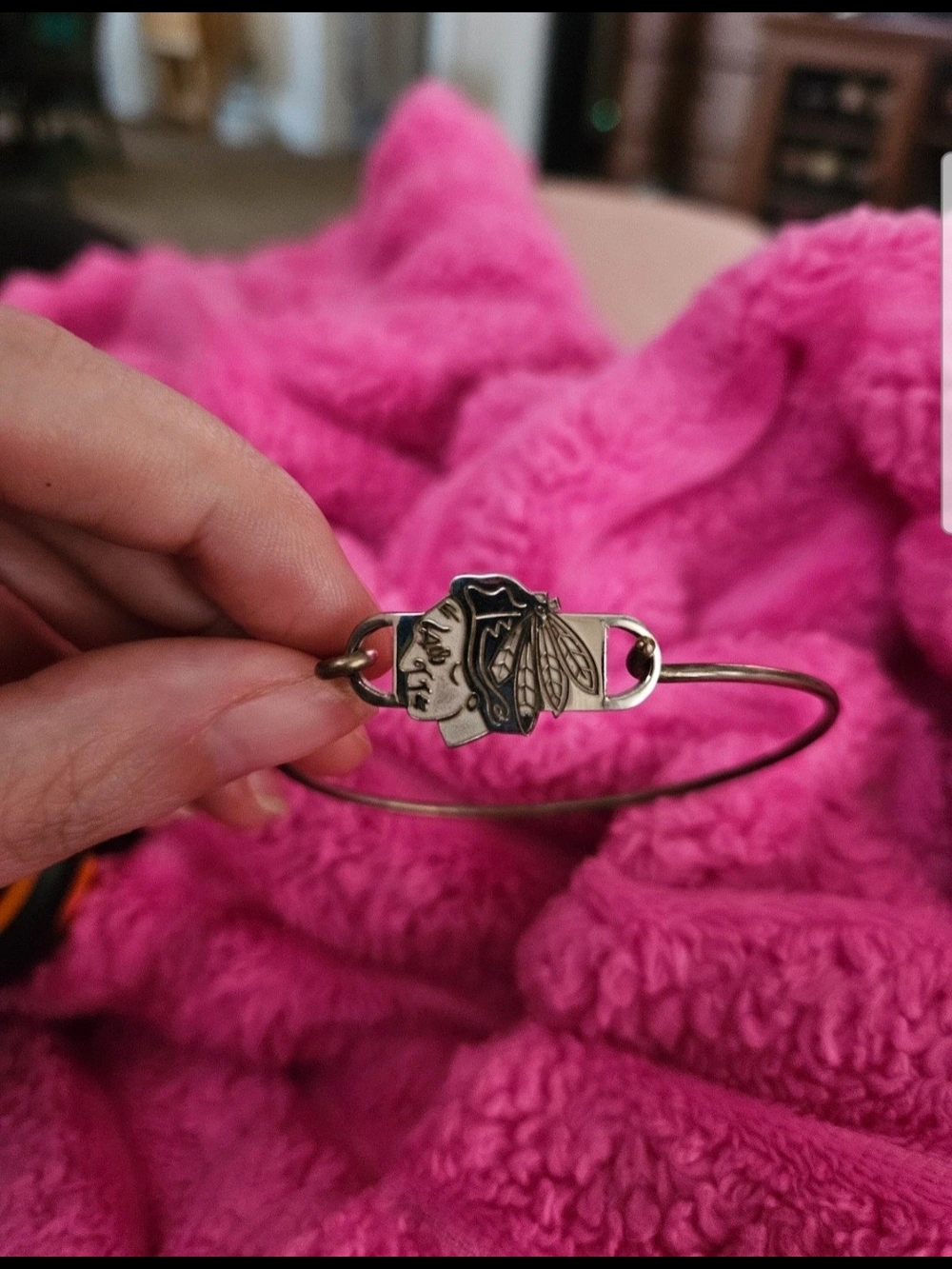 Silver Tone Hockey Team Logo Bangle Bracelet - Pink Accent